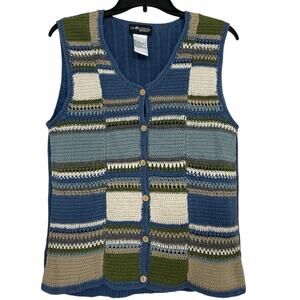 Vintage Blue Patchwork Crochet Knit Sweater Vest Coastal Grandma Cottagecore S